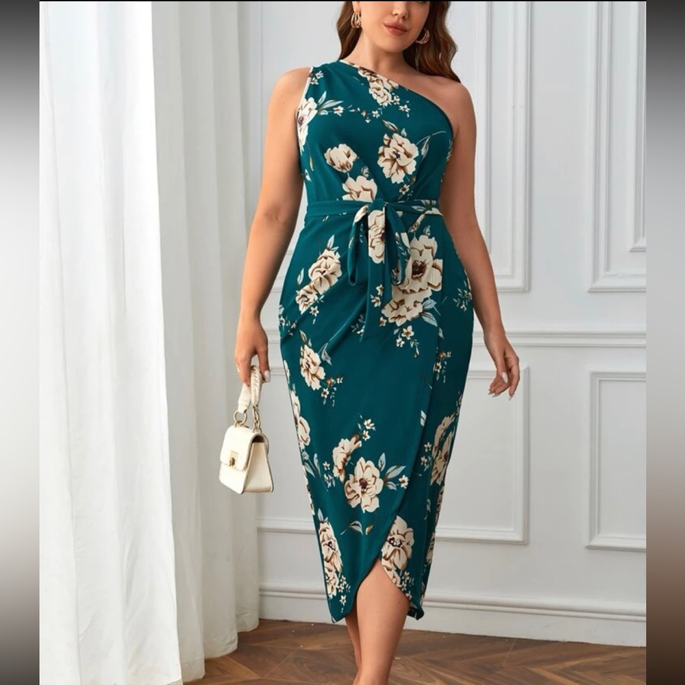 One shoulder teal floral dress with waist tie